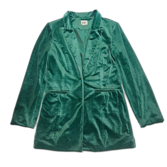 BiBi Women's Small Velour Peak Lapel Blazer Shamrock Green Long Line Jacket - Picture 1 of 10
